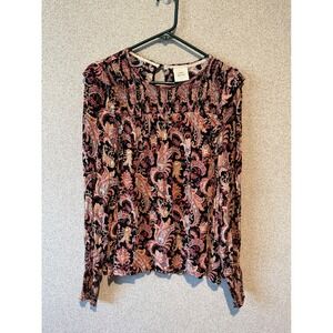 Knox Rose‎ Womens L Paisley Print Long Sleeve Smocked Neck Blouse Top
